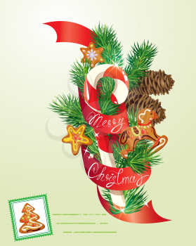 Card with xmas gingerbread, candy and fir-tree branches. Hand written text Merry Christmas. Elements for Christmas and New Year holidays design.