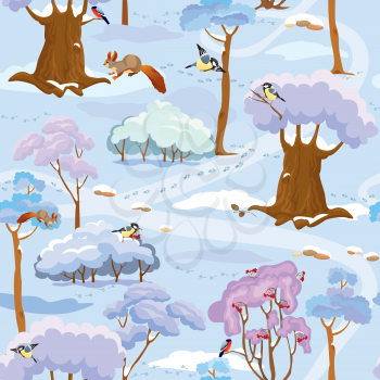Seamless pattern - Winter Forest Landscape with trees, birds and squirrels. Ready to use as swatch.