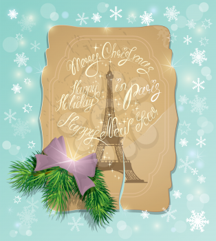 Vintage postcard with the eiffel tower, Handwritten calligraphic text Merry christmas and Happy New Year, Happy holidays in Paris - background with snowflakes