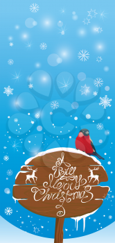 Vretical card with bullfinch bird and wooden sign on light blue sky background.  Handwritten text A very merry Christmas. Xmas and New Year winter holidays design