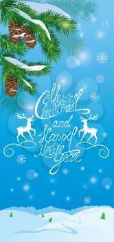 Handwritten text Merry Christmas and happy New Year, holidays card with forest on light blue background in winter time.