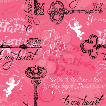 Seamless pattern with old key in grunge style and calligraphic text, on pink background. Happy Valentines Day design, Vintage background.