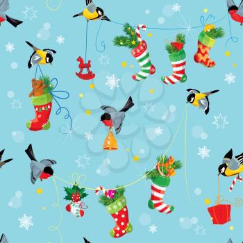 X-mas and New Year background with Birds holding Christmas stockings, gifts and presents. Seamless pattern for winter holiday design.