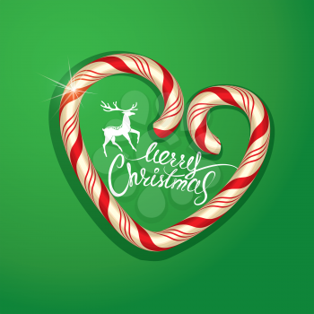 Christmas Frame in candy canes heart shape on green background. Merry Christmas handwritten text and reindeer. Winter holiday card.