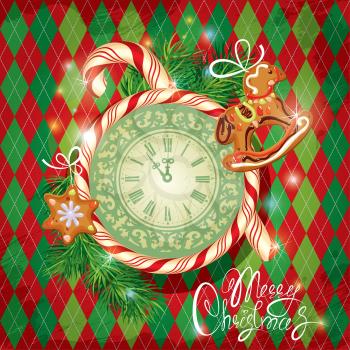 Holiday Card with watch, candy, xmas gingerbread and fir tree branches on checked background. Hand written calligraphic text Merry Christmas. 