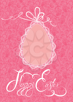 Easter greeting card with lace egg with ribbon on pink ornamental background, calligraphic text Happy Easter