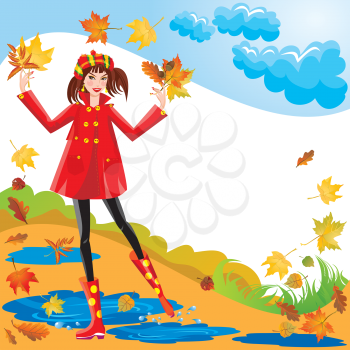 Pretty girl dressing coat and rubber boots walks in autumnal park - square frame