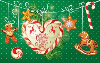 Holiday greeting Card with xmas gingerbread - man, stars and horse cartoons, candy frame in heart shape and fir-tree branches. Hand written calligraphic text Merry Christmas and Happy New Year on polk