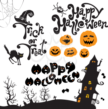 Set of Halloween elements - pumpkin, cat, mystery house and other terrifying things. Handwritten calligraphic text - Happy Halloween, Trick or Treat.