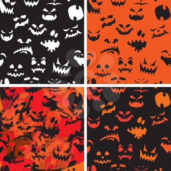 Set of Halloween seamless patterns with pumpkins faces - different emotions cartoons - backgrounds in orange and black colors