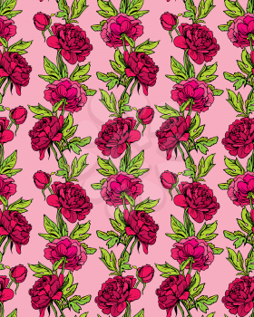 Seamless pattern with Realistic graphic flowers - peony - hand drawn background.