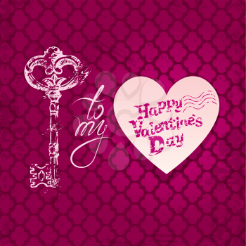 Vintage card with old key in grunge style, heart and calligraphic text, on pink background. Happy Valentines Day retro design.