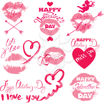 Set of holiday labels - pink lips print, hearts, angel, Calligraphy elements, hand written text: Happy Valentine`s Day, I love you,  etc. Isolated on white background.