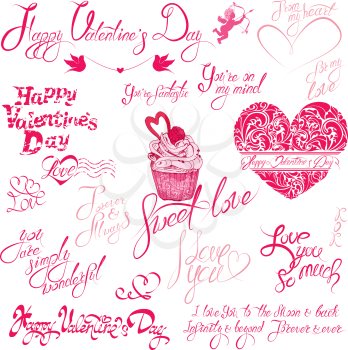 Set of hand written text: Happy Valentine`s Day, I love you, Forever and Always, etc. Calligraphy elements for holidays or wedding design in vintage style, hearts, cake, angels. 