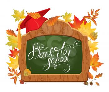 Back To School card.  Green chalkboard, Graduation Cap and autumn leaves.