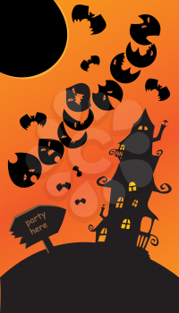 Halloween poster with sign, mystery house, bats and moon. Empty space for your text