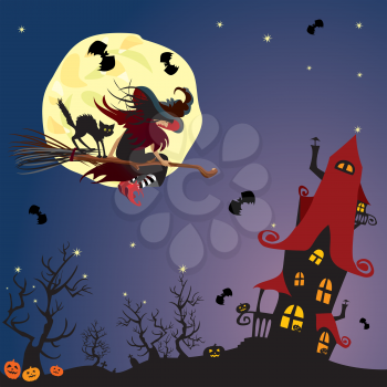 Halloween night: witch and black cat flying on broom to mystery house on moon background
