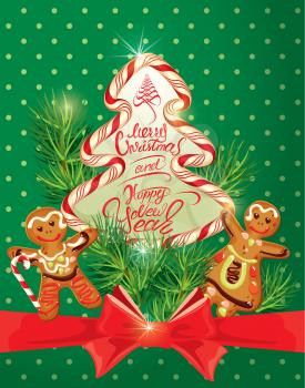Holiday greeting Card with xmas gingerbread - man and woman cartoons, candy and fir-tree branches. Hand written calligraphic text Merry Christmas and Happy New Year on polka dots green background. 