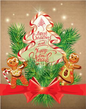 Holiday greeting Card with xmas gingerbread - man and woman cartoons, candy and fir-tree branches. Hand written calligraphic text Merry Christmas and Happy New Year on old paper background.