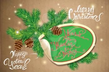 Holiday greeting Card with oval paper frame, canes and fir-tree branches. Hand written calligraphic text Merry Christmas and Happy New Year, Warm winter wishes on old paper background.