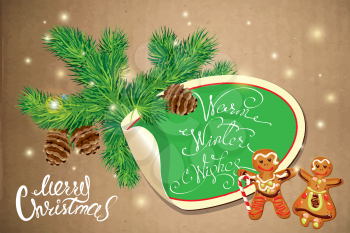 Holiday greeting Card with xmas gingerbread - man and woman cartoons, cones and fir-tree branches. Oval paper frame. Hand written calligraphic text Merry Christmas on old paper background.
