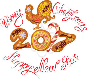 Hand written calligraphic text Merry Christmas and Happy New Year 2017, isolated on white background. Year number as cookies. Winter holidays design. Stylized rooster from Chinese calendar.