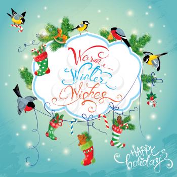 Xmas and New Year Holiday Card with Birds holding Christmas stockings, gifts and presents. Calligraphic handwritten text Warm Winter Wishes.