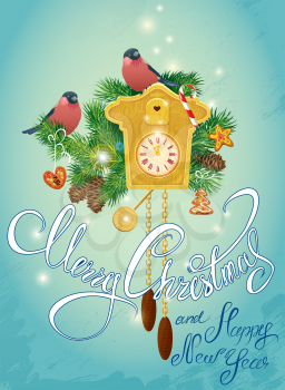 Holidays Card with vintage wooden Cuckoo Clock, xmas gingerbread, candy, fir-tree branches and bullfinch birds. Hand written calligraphic text Merry Christmas and Happy New Year on blue frozen backgro