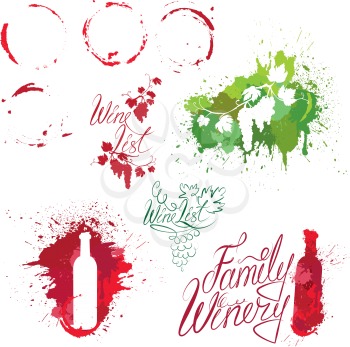 Set of elements in grunge style with Bunch of grapes, bottle, wine stains isolated on white background. Handdrawn text Wine list, Family Winery. Design for restaurant, bar, cafe menu or label.