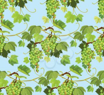 Seamless pattern with green grapes and leaves on blue background. Element for restaurant, bar, cafe menu or label.