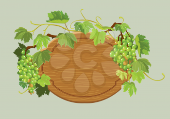 Wooden oval frame with green grapes and leaves isolated on beige background. Element for restaurant, bar, cafe menu or label.