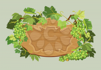 Wooden oval frame with green grapes and leaves isolated on beige background. Element for restaurant, bar, cafe menu or label.