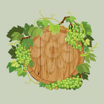 Wooden round frame with green grapes and leaves isolated on beige background. Element for restaurant, bar, cafe menu or label.