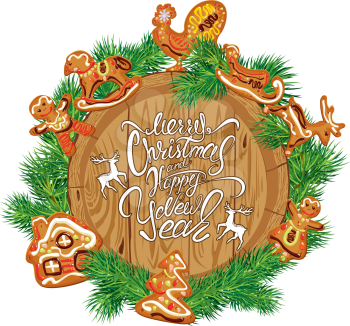 Holiday Card with round wooden frame,  fir branches, xmas gingerbread,  isolated on white background. Hand written calligraphic text Merry Christmas and Happy New Year.