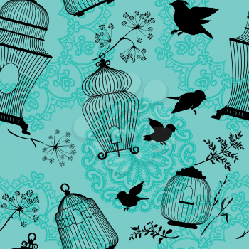 Seamless pattern with decorative bird cage black Silhouettes, flying birds, plants on blue background with mandala ornaments.