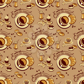 Seamless pattern with coffee cups, beans, cakes, sweets, croissant, donut, calligraphic hand written text Enjoy the moment. Background design for cafe or restaurant menu.