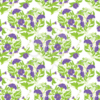 Seamless pattern - Convolvulus Flowers hearts on white background. Spring or summer floral design.