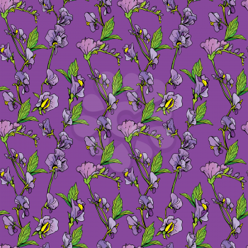 Seamless pattern with Realistic graphic flowers on violet backdrop - hand drawn background.