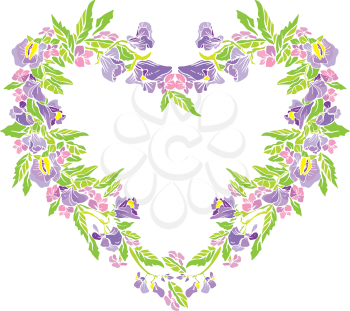 Floral frame in heart shape with flowers, isolated on white background. Seasonal, spring or summer design.