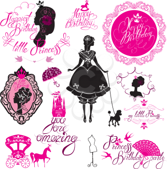 Set of glamour Princess, castle, carriage, black and pink silhouette on white background. Handwritten text Happy Birthday, you are amazing, etc. Holiday elements for girls card. 