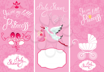 Baby girl Shower Set. Party Decoration, Scrapbook, invitation card. Calligraphic text You are my little princess, frames. Vintage elements for invitation, card, flyer, etc.