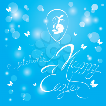 Holiday calligraphy, ballon egg and rabbit. Hand lettering greetings Happy Easter on sky blue background.