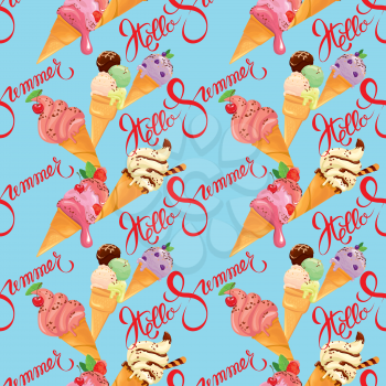 Seamless pattern with Ice cream cones with glaze, Chocolate, strawberry, blueberry and cherry, on blue background. Calligraphic handwritten text Hello Summer. Seasonal design.