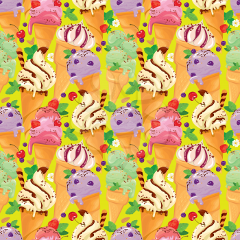 Seamless pattern with Ice cream cones with glaze, Chocolate, strawberry, blueberry and cherry, on yellow background.