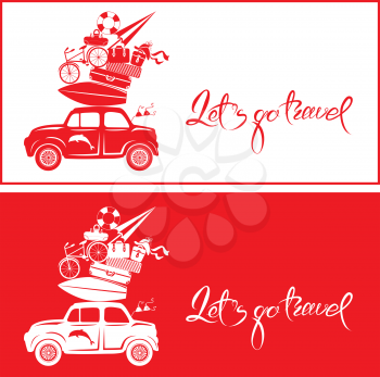 Seasonal card with small and cute retro travel car with luggage on red and white background. Calligraphic handwritten text Lets go travel. Element for summer greeting cards, posters