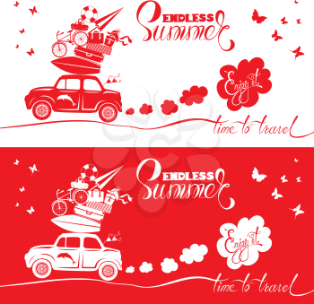 Seasonal card with small and cute retro travel car with luggage on red and white background. Calligraphic text Time to travel. Element for summer greeting cards, posters and t-shirts printing.