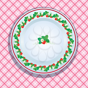 White plate decoration with strawberries, leaves and flowers on pink checkered background. Fruit frame. 