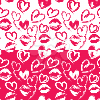Seamless pattern with brush strokes and scribbles in heart shapes and lips prints. Valentines Day holiday background. 