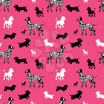 Seamless pattern with black and white dogs silhouettes - Dachshund, Dalmatian, chihuahua, scotchterrier, poodle on pink background. Animal design.