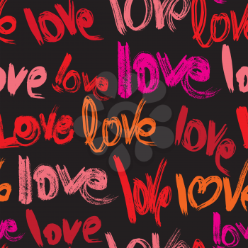 Seamless pattern with brush strokes and scribbles, words LOVE in grunge style. Valentines Day Background.